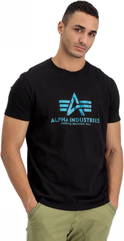 ALPHA INDUSTRIES Tričko BASIC Foil Print - black/blue (100501FP/93)